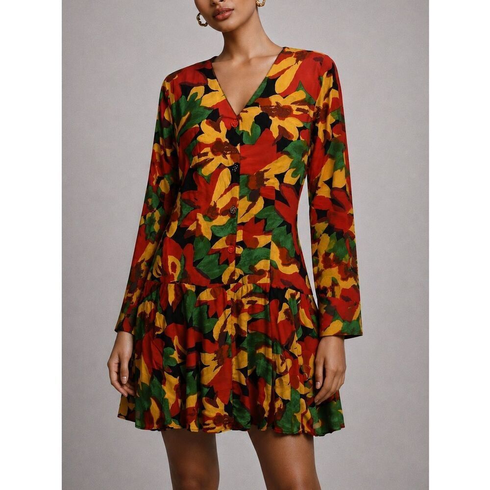 Carole Little Vintage Floral Print Long Sleeve V-neck Dress Size M